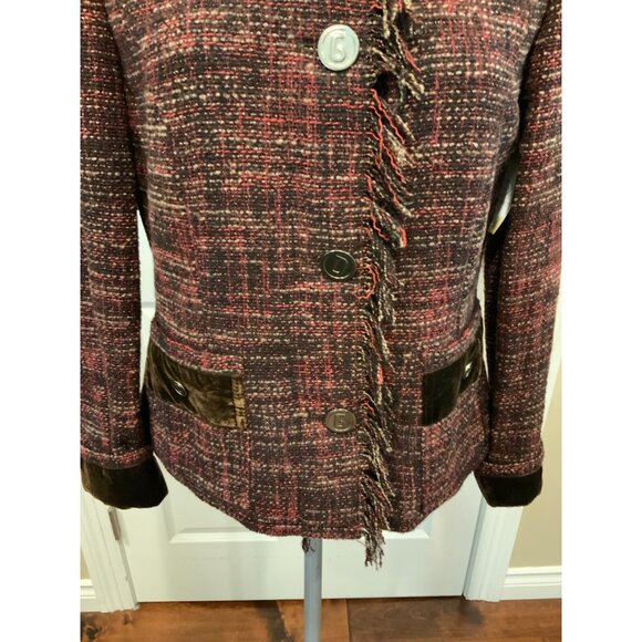 Dolce & Gabbana Red & Brown Alpaca Tweed Jacket w/ Fringe Trim Sz 8 (US) 42 (IT) - Picture 3 of 9